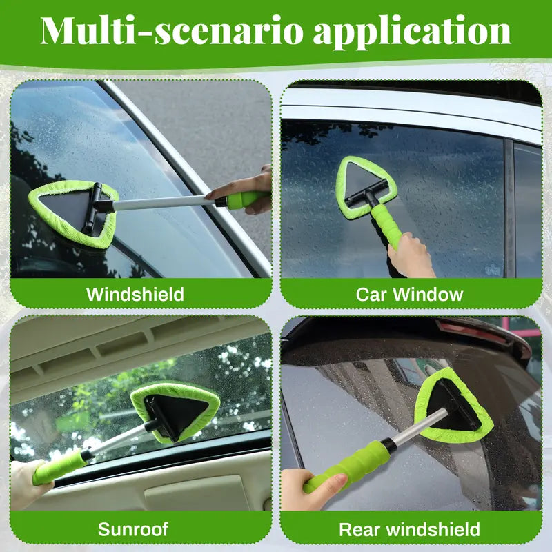 Microfiber Windshield Cleaning Tool with Extendable Handle, Reusable Car Window Cleaner Kit with Washable Pads for Auto Interior & Glass Care