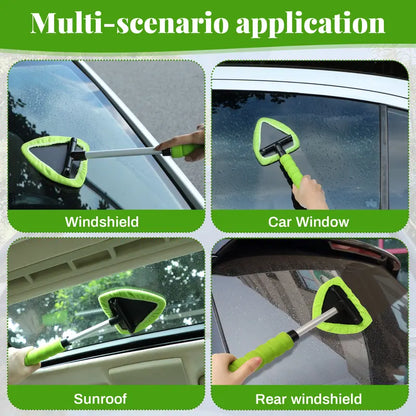 Microfiber Windshield Cleaning Tool with Extendable Handle, Reusable Car Window Cleaner Kit with Washable Pads for Auto Interior & Glass Care