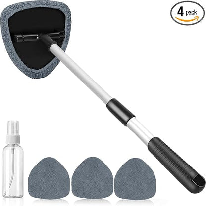 Microfiber Windshield Cleaning Tool with Extendable Handle, Reusable Car Window Cleaner Kit with Washable Pads for Auto Interior & Glass Care