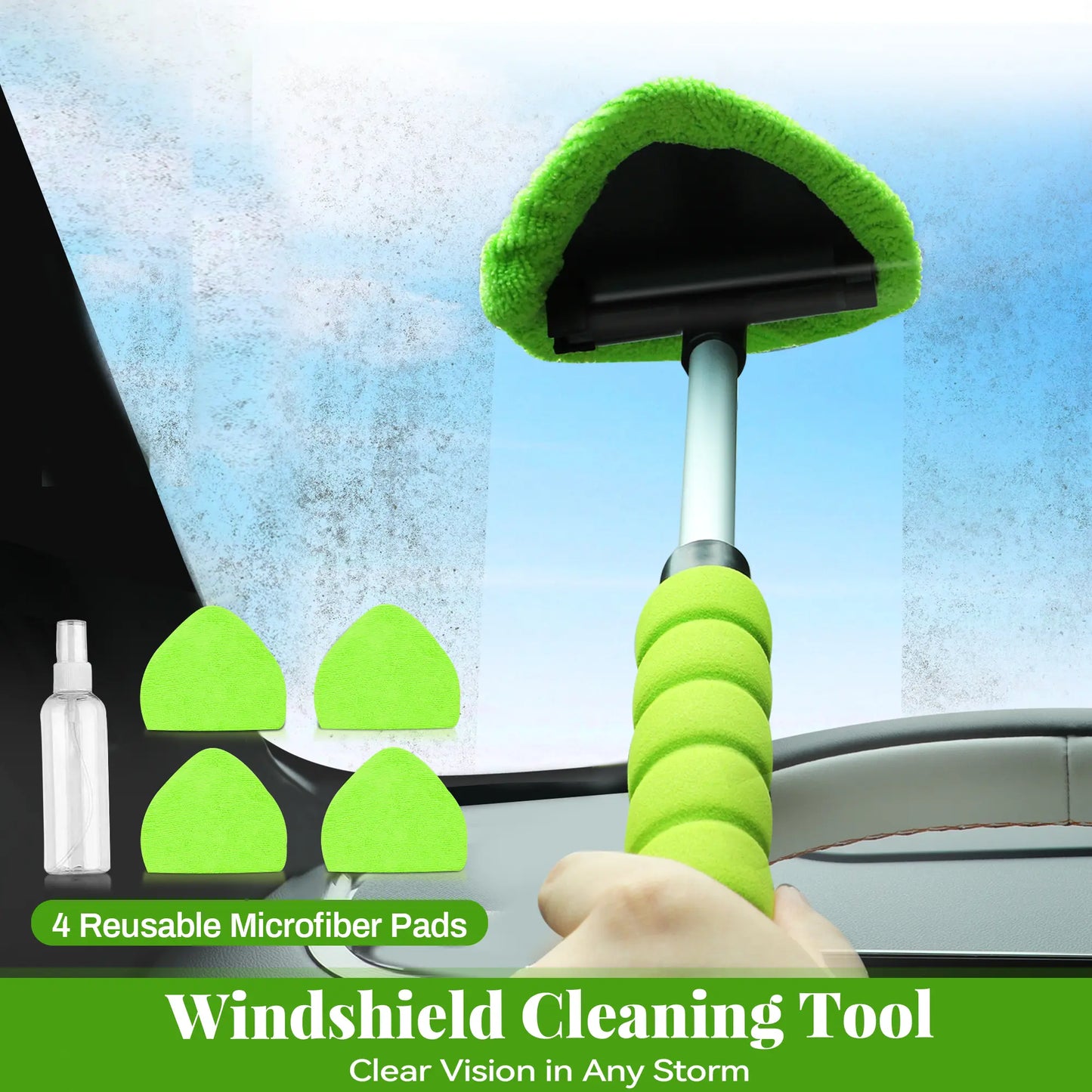 Microfiber Windshield Cleaning Tool with Extendable Handle, Reusable Car Window Cleaner Kit with Washable Pads for Auto Interior & Glass Care