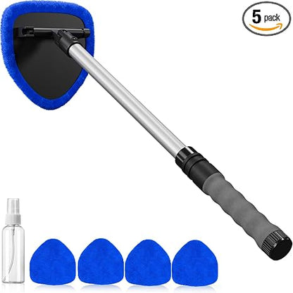 Microfiber Windshield Cleaning Tool with Extendable Handle, Reusable Car Window Cleaner Kit with Washable Pads for Auto Interior & Glass Care