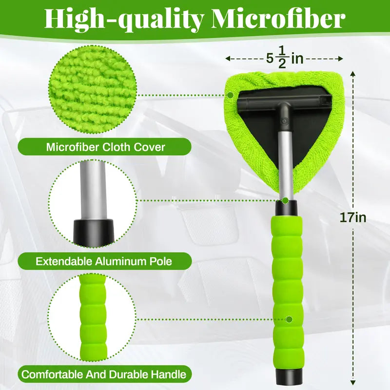 Microfiber Windshield Cleaning Tool with Extendable Handle, Reusable Car Window Cleaner Kit with Washable Pads for Auto Interior & Glass Care