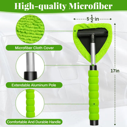 Microfiber Windshield Cleaning Tool with Extendable Handle, Reusable Car Window Cleaner Kit with Washable Pads for Auto Interior & Glass Care
