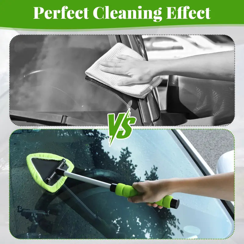 Microfiber Windshield Cleaning Tool with Extendable Handle, Reusable Car Window Cleaner Kit with Washable Pads for Auto Interior & Glass Care